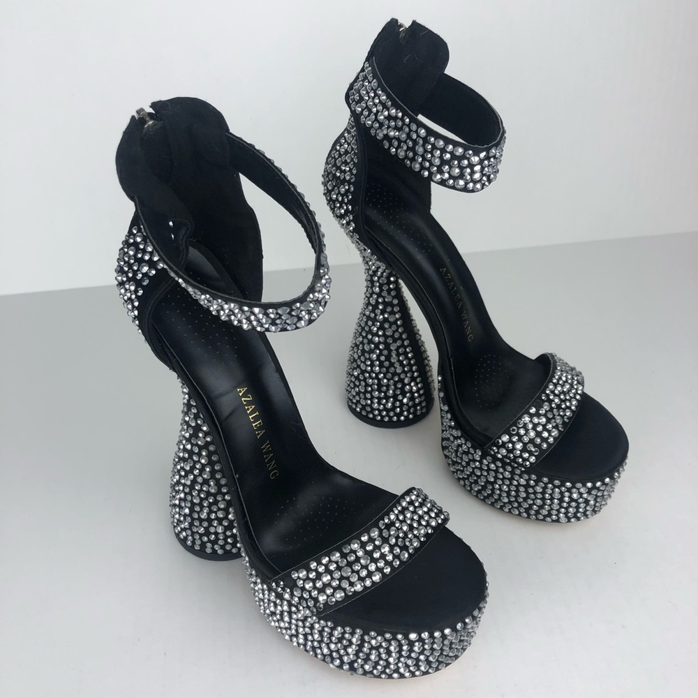 Azalea Wang My Place or Yours Black Rhinestone Ankle Strap Platform Heels